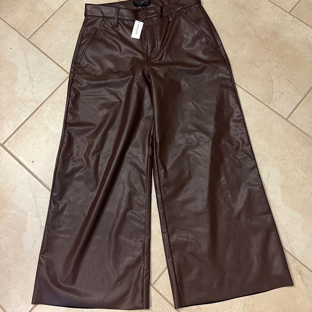 Brown Wide-Leg Leather Pants